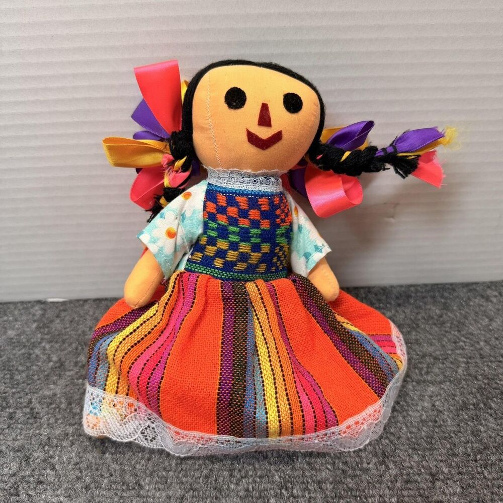 Mexican Handmade Cloth Rag Girl Doll 8 Inch Bright Colorful Dress Braids Ribbons